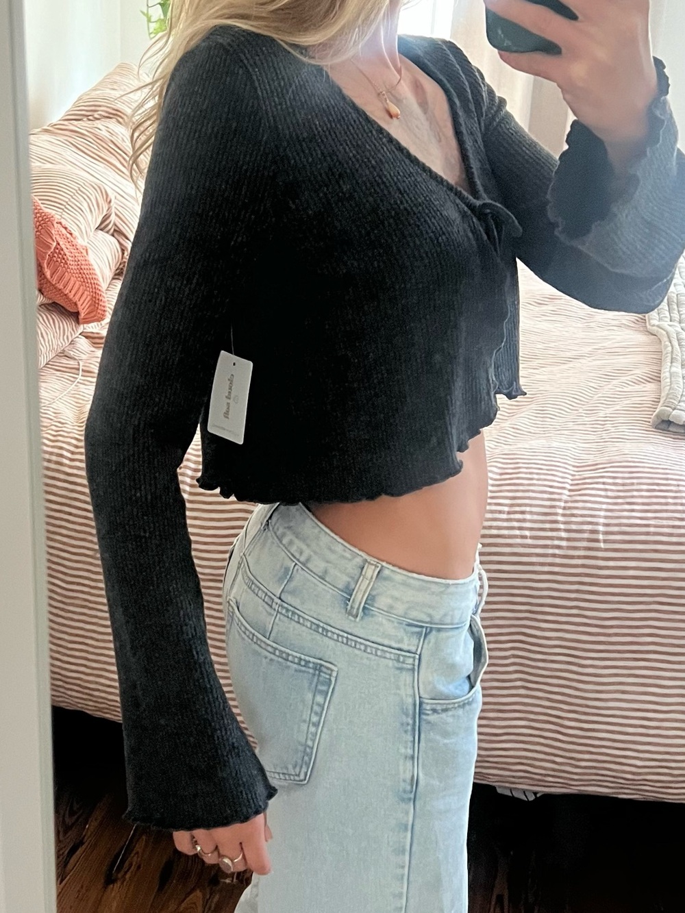 Lucky Brand Charcoal Ribbed Tie-Front Crop Top Unworn